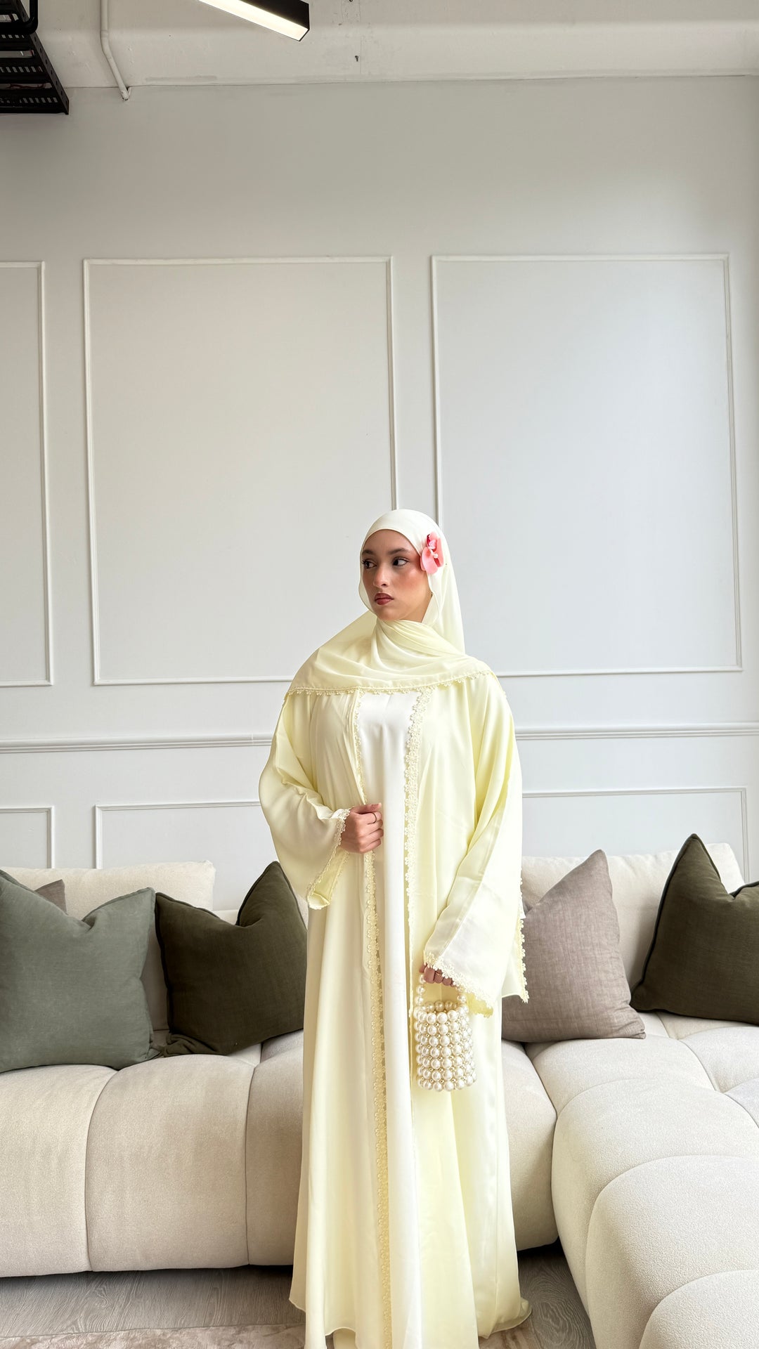 Floral Lace Abaya 3pc set - Butter Yellow