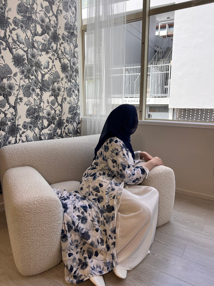 Textured Floral Print Abaya 2pc set - Blue