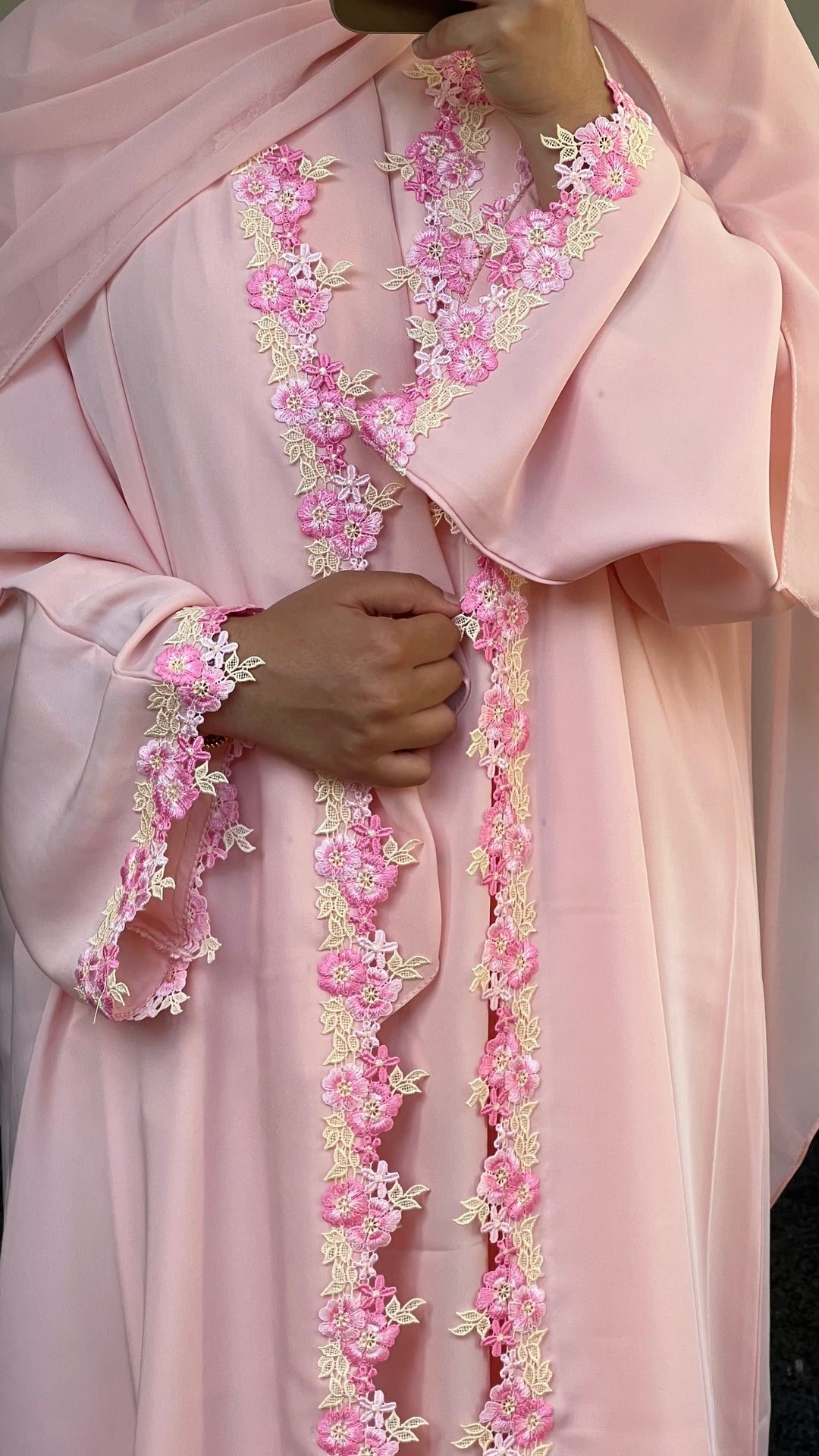 Floral Lace Abaya 3pc set - Pink