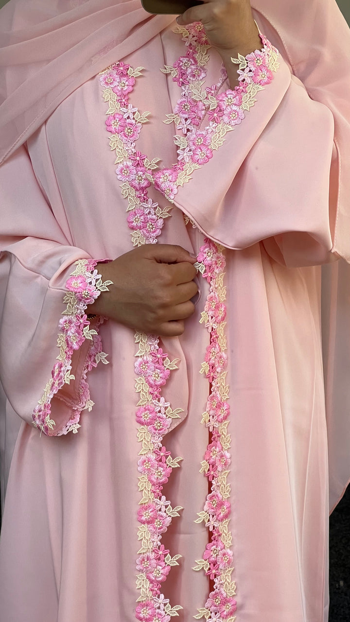 Floral Lace Abaya 3pc set - Pink