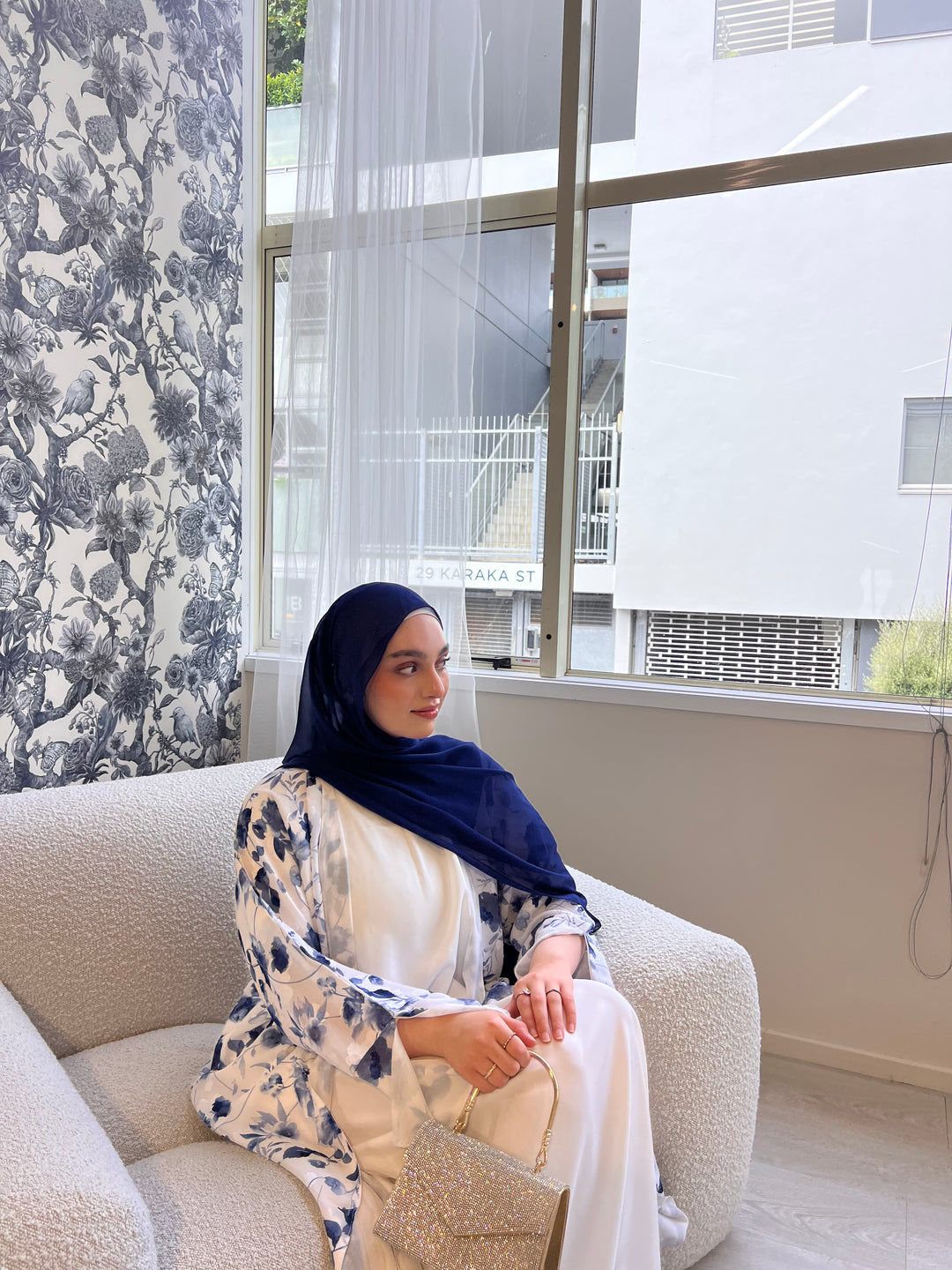 Textured Floral Print Abaya 2pc set - Blue