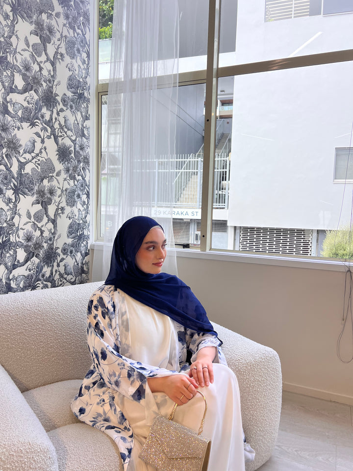 Textured Floral Print Abaya 2pc set - Blue