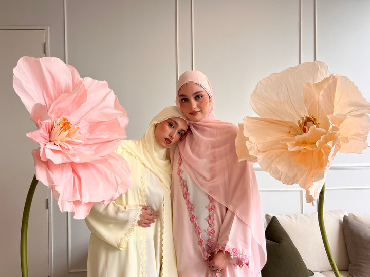 Floral Lace Abaya 3pc set - Butter Yellow