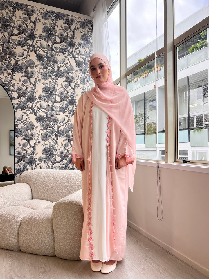 Floral Lace Abaya 3pc set - Pink