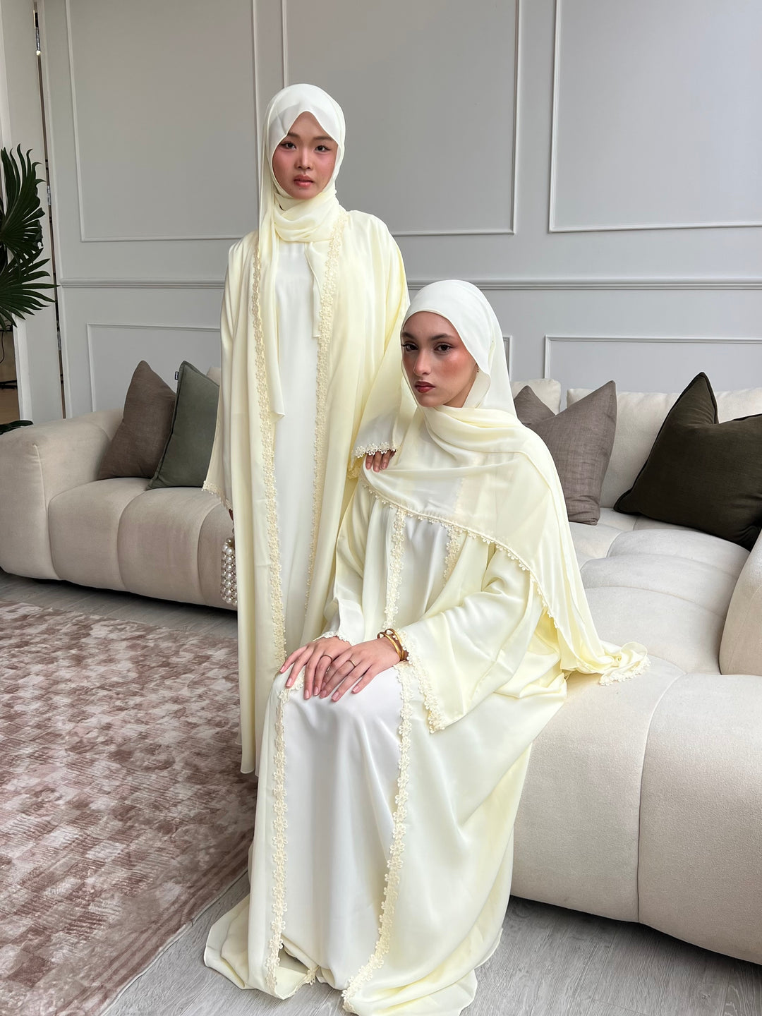 Floral Lace Abaya 3pc set - Butter Yellow
