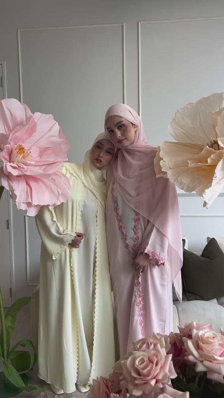 Floral Lace Abaya 3pc set - Butter Yellow